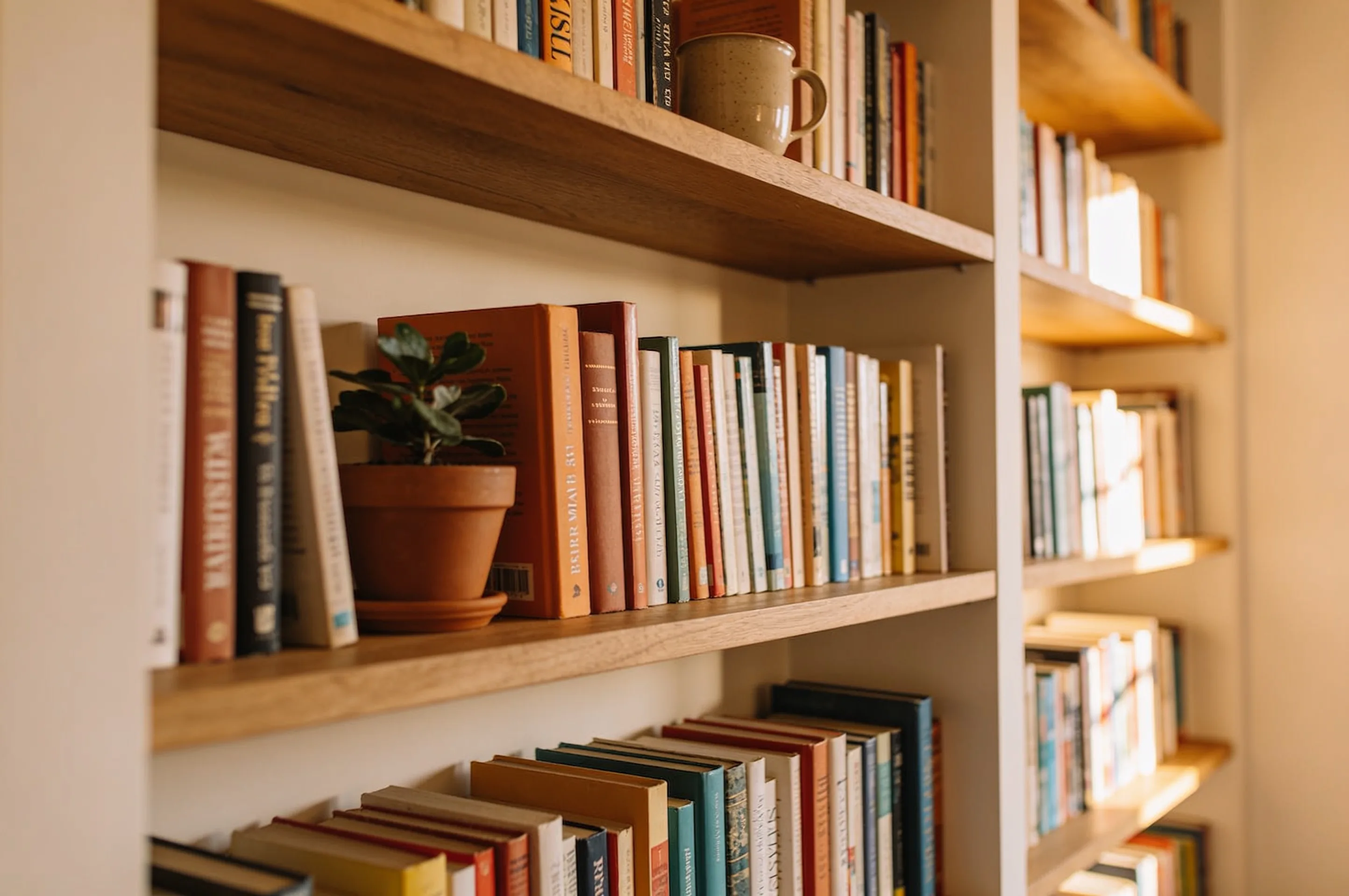 Estantería de madera con libros bien ordenados, una planta y una taza, con luz cálida lateral
