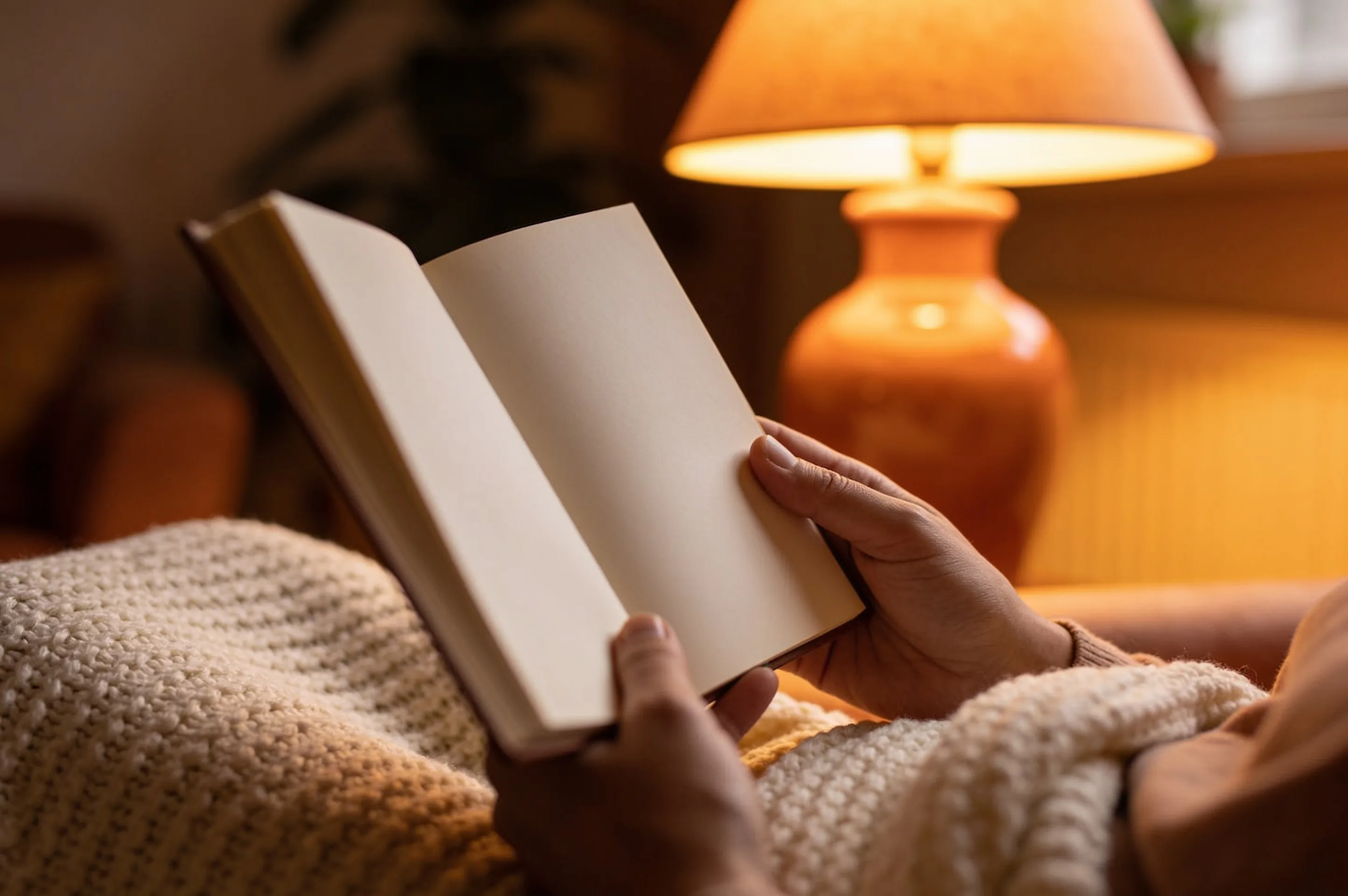 Manos sosteniendo un libro abierto bajo la luz cálida de una lámpara, envuelto en una manta